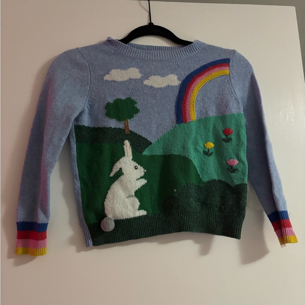 Mini Boden Blue Sweater with Bunny and Rainbow